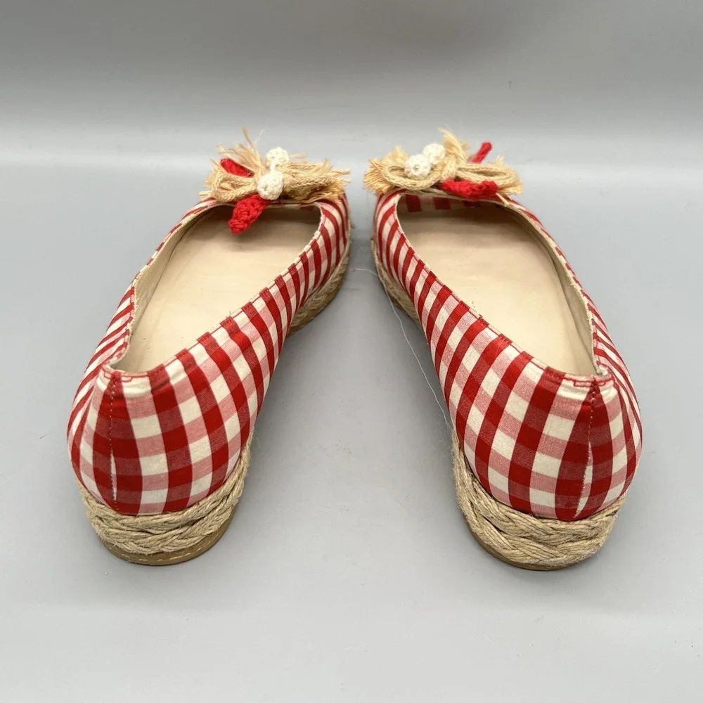 Stuart Weitzman Shoes Womens 6.5 Red Gingham Cotton Espadrille Flats Bow Vtg